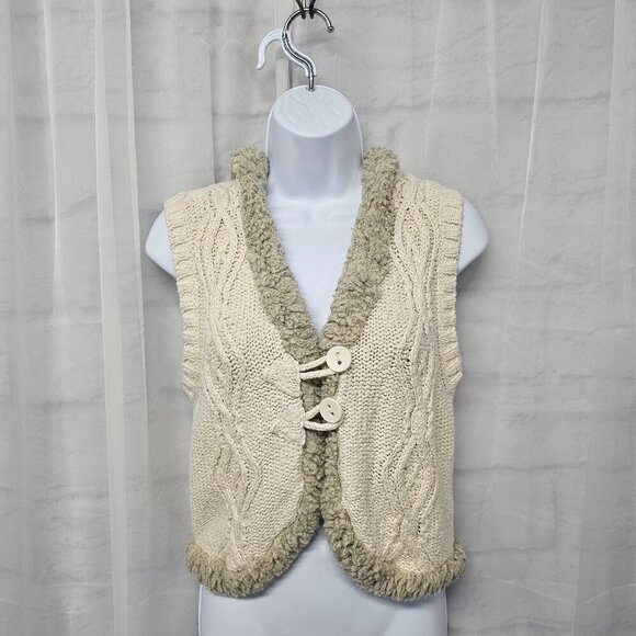 Old Navy Vest Knit Cream Hooded Faux Fur Twee Boho L - Picture 10 of 10